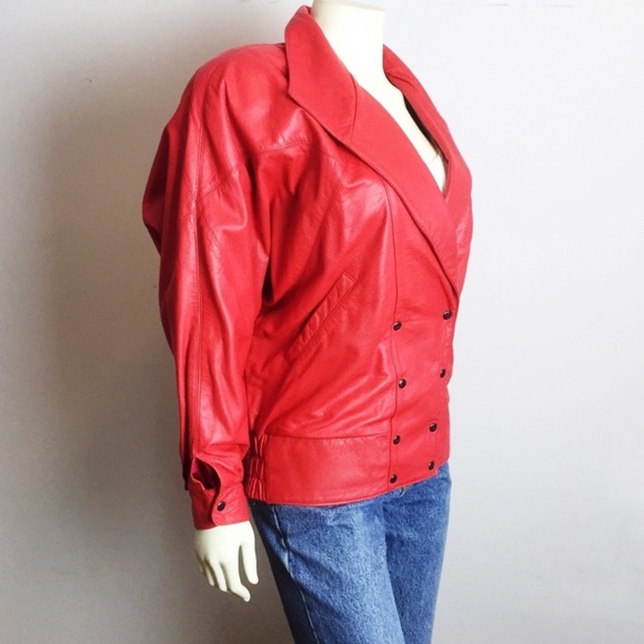 Vintage red leather jacket dolman sleeve 80s glam - Picture 2 of 8
